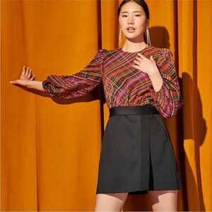 LDT Ivonne Plaid Crew Neck 3/4 Puff Sleeve Dress